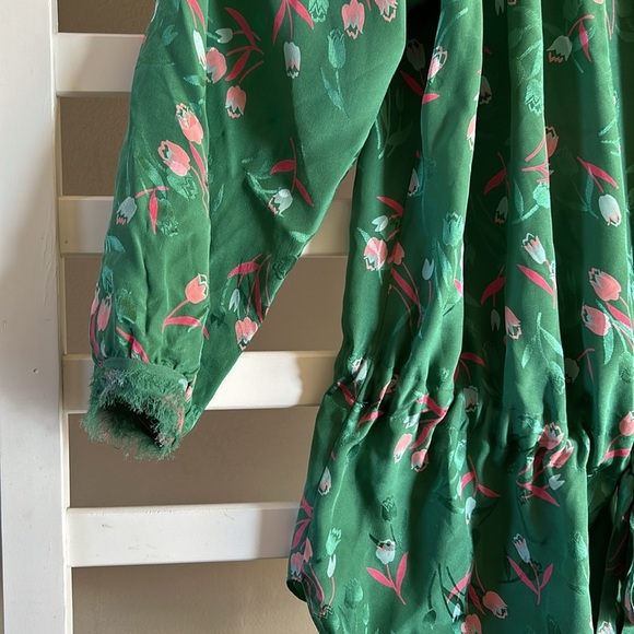 Rebecca Taylor Size 6 Green Floral 100% Silk Long Sleeve Tie Waist Blouse - Picture 4 of 11